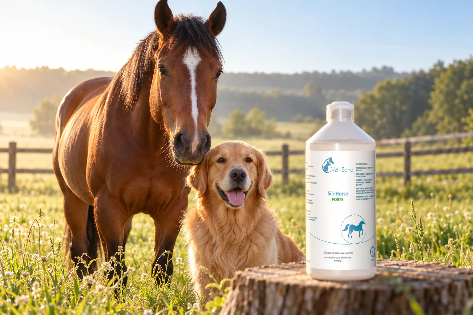 Un chien et un cheval au pré, soins naturels Véti-Sana